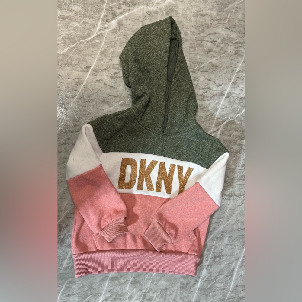 DKNY Hoodie with Gray, Pink, and Gold Accents, Size: 18 mos